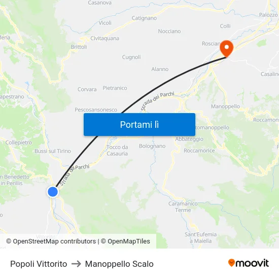 Popoli Vittorito to Manoppello Scalo map