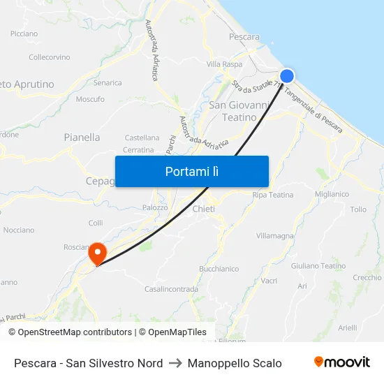 Pescara - San Silvestro Nord to Manoppello Scalo map