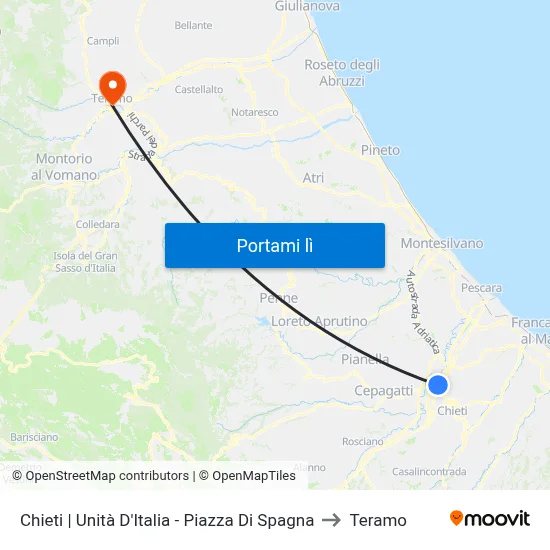 Chieti | Unità D'Italia - Piazza Di Spagna to Teramo map