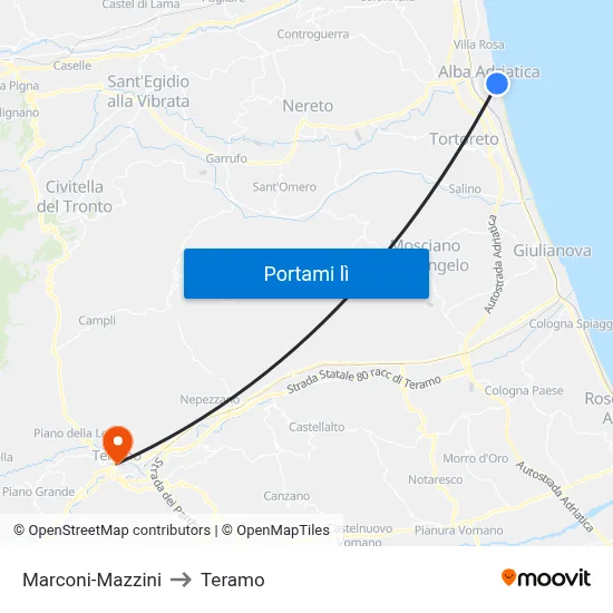 Marconi-Mazzini to Teramo map