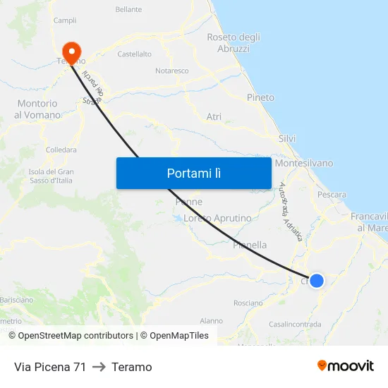 Via Picena 71 to Teramo map
