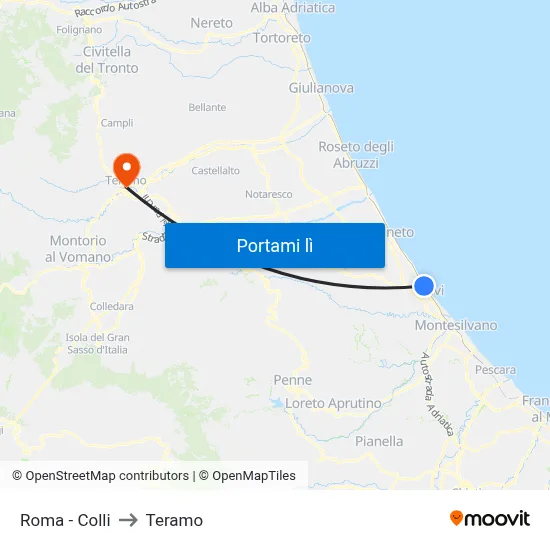 Roma - Colli to Teramo map