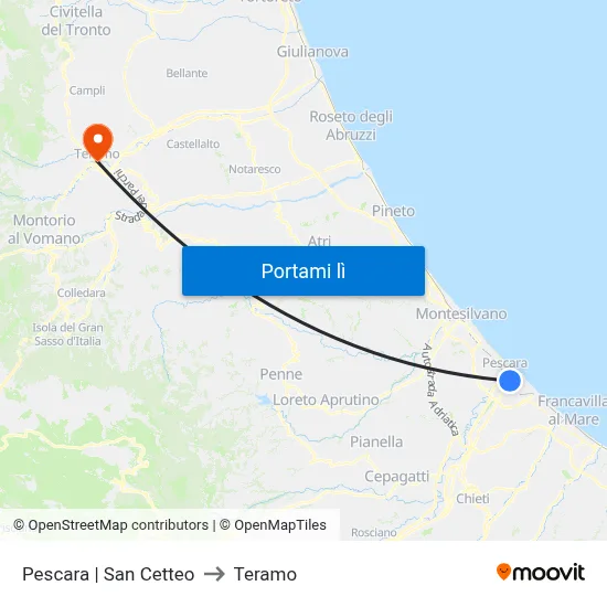 Pescara | San Cetteo to Teramo map