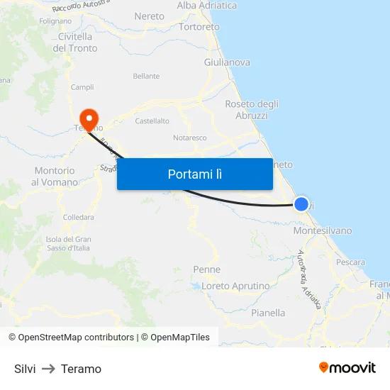 Silvi to Teramo map
