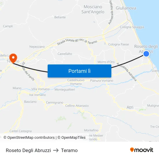 Roseto Degli Abruzzi to Teramo map