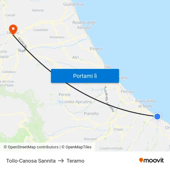 Tollo-Canosa Sannita to Teramo map