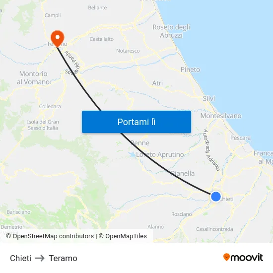 Chieti to Teramo map