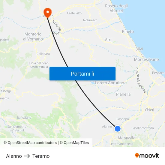 Alanno to Teramo map