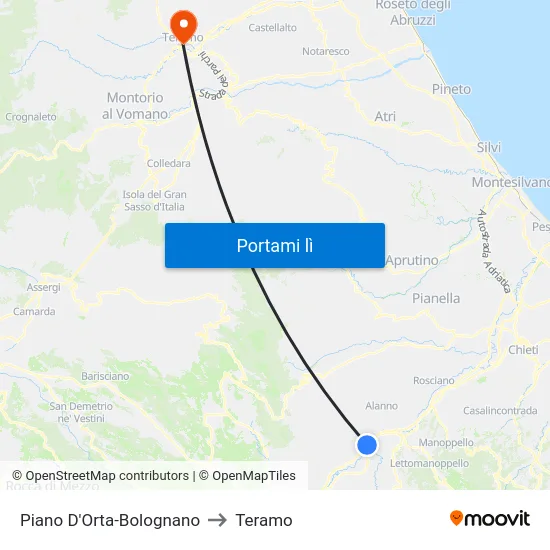 Piano D'Orta-Bolognano to Teramo map