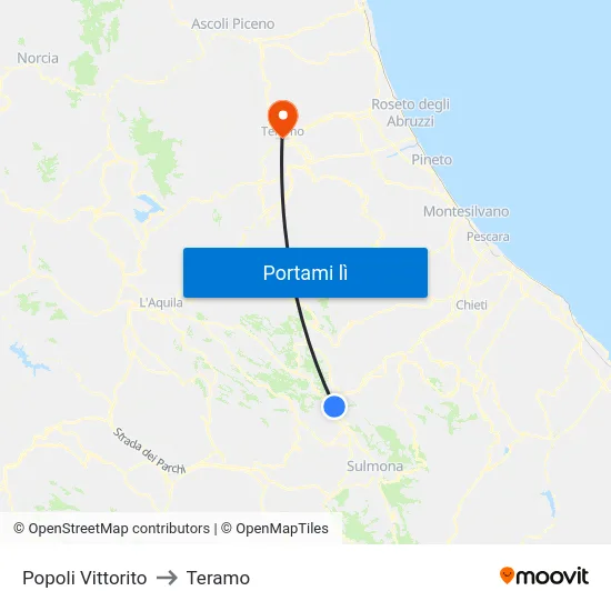 Popoli Vittorito to Teramo map