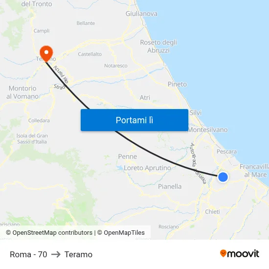 Roma - 70 to Teramo map