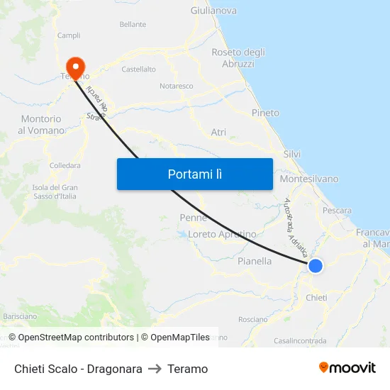 Chieti Scalo - Dragonara to Teramo map
