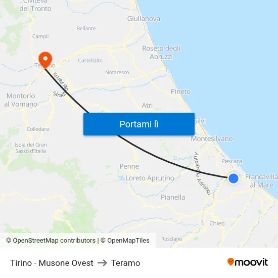 Tirino - Musone Ovest to Teramo map