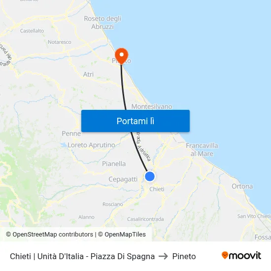 Chieti | Unità D'Italia - Piazza Di Spagna to Pineto map