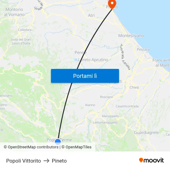Popoli Vittorito to Pineto map