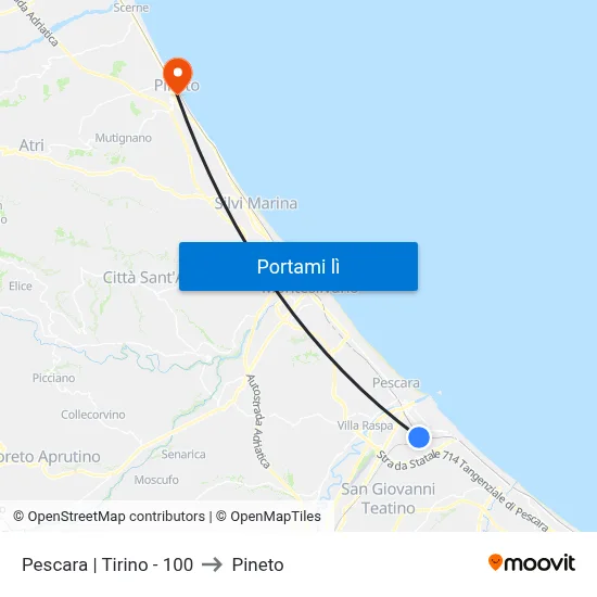 Pescara | Tirino - 100 to Pineto map