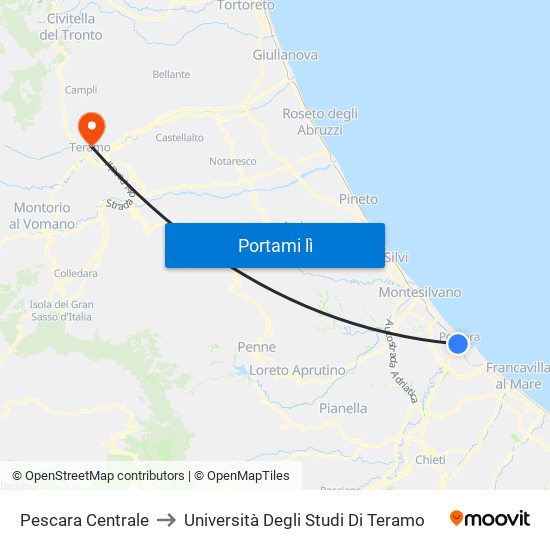 Pescara Centrale to Università Degli Studi Di Teramo map