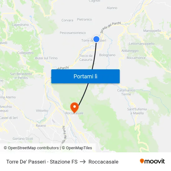 Torre De' Passeri - Stazione FS to Roccacasale map