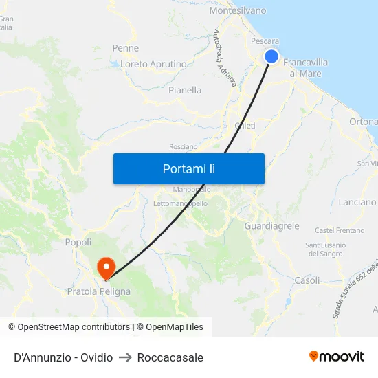 D'Annunzio - Ovidio to Roccacasale map