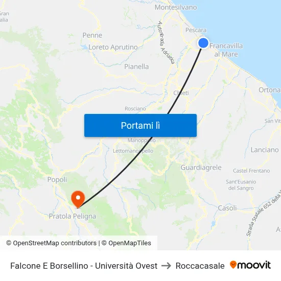 Falcone E Borsellino - Università Ovest to Roccacasale map