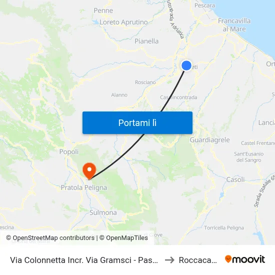 Via Colonnetta Incr. Via Gramsci - Pasqualone to Roccacasale map