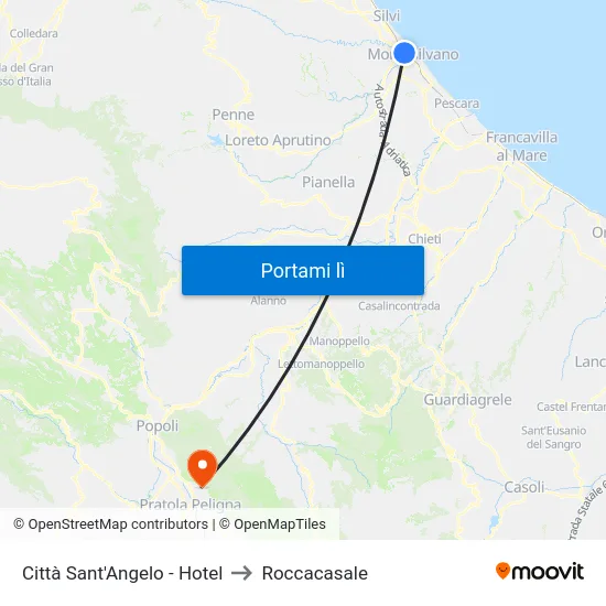Città Sant'Angelo - Hotel to Roccacasale map