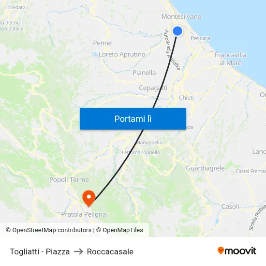 Montesilvano Colle | Togliatti - Piazza to Roccacasale map