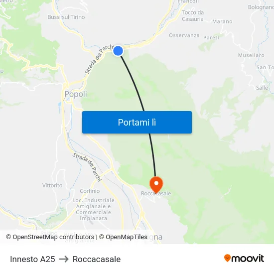 Innesto A25 to Roccacasale map