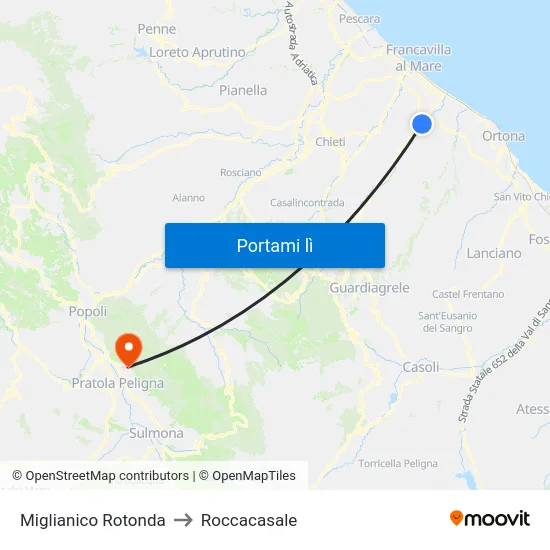 Miglianico Rotonda to Roccacasale map