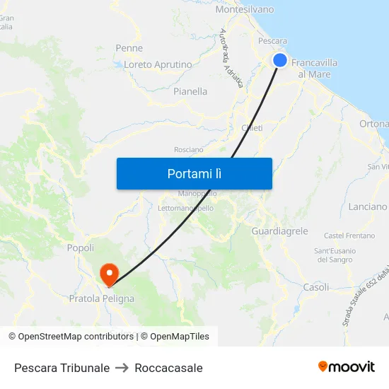 Pescara Tribunale to Roccacasale map
