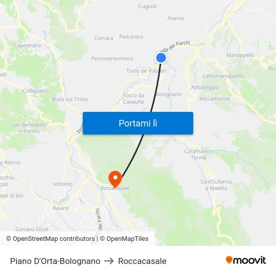 Piano D'Orta-Bolognano to Roccacasale map