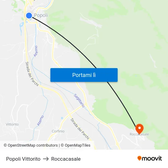 Popoli Vittorito to Roccacasale map