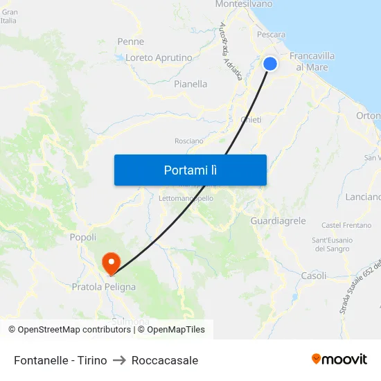 Fontanelle - Tirino to Roccacasale map