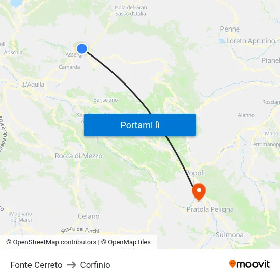 Fonte Cerreto to Corfinio map
