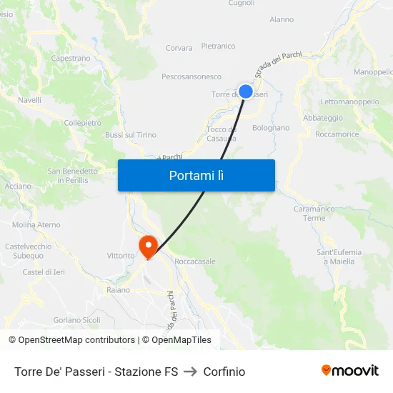 Torre De' Passeri - Stazione FS to Corfinio map