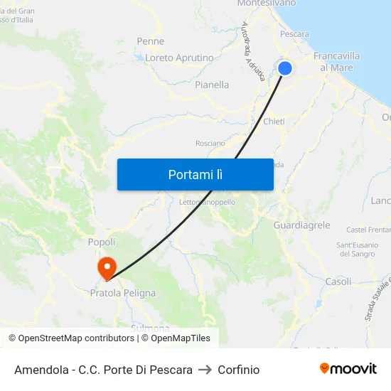 Amendola - C.C. Porte Di Pescara to Corfinio map