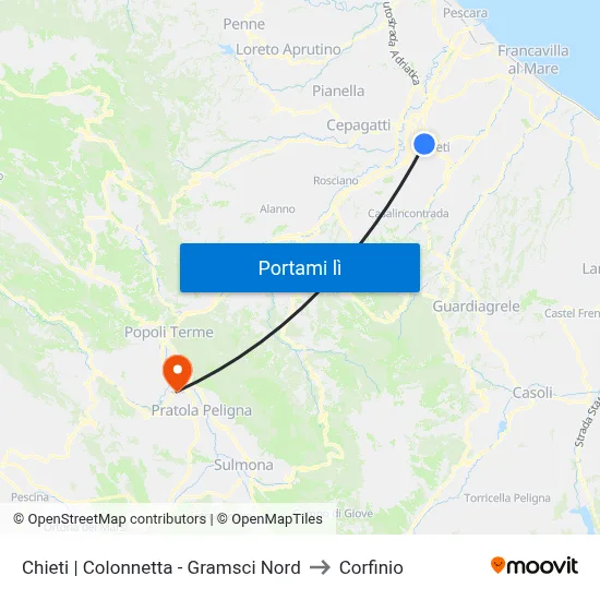 Chieti | Colonnetta - Gramsci Nord to Corfinio map