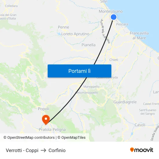 Verrotti - Coppi to Corfinio map