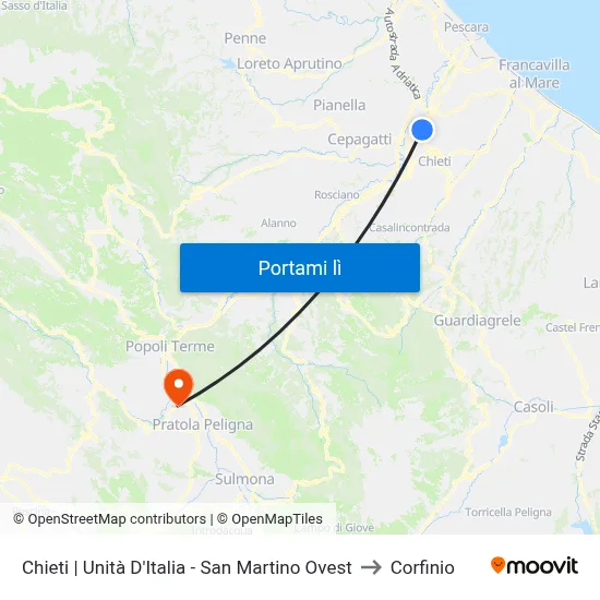 Chieti | Unità D'Italia - San Martino Ovest to Corfinio map