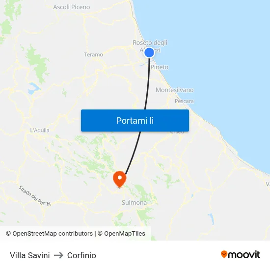 Villa Savini to Corfinio map