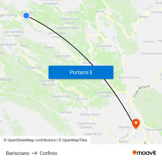 Barisciano to Corfinio map