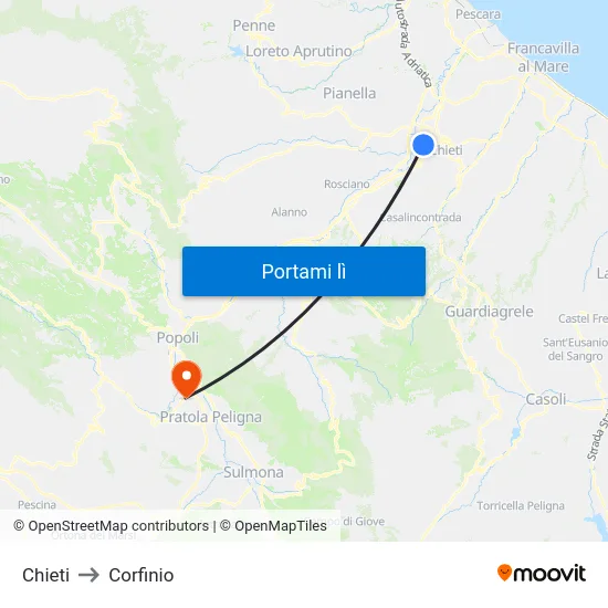 Chieti to Corfinio map