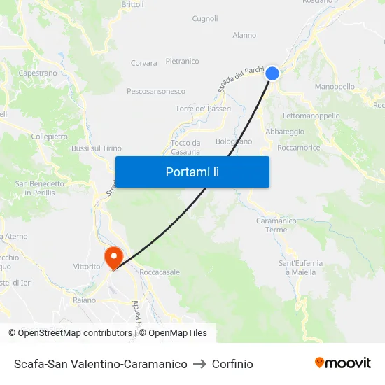 Scafa-San Valentino-Caramanico to Corfinio map