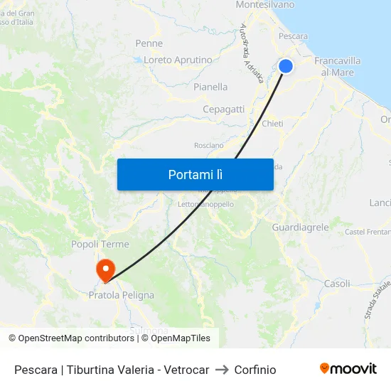 Pescara | Tiburtina Valeria - Vetrocar to Corfinio map