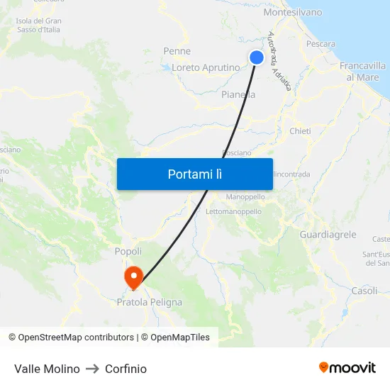 Valle Molino to Corfinio map