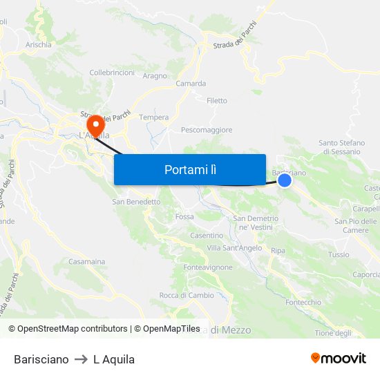Barisciano to L Aquila map