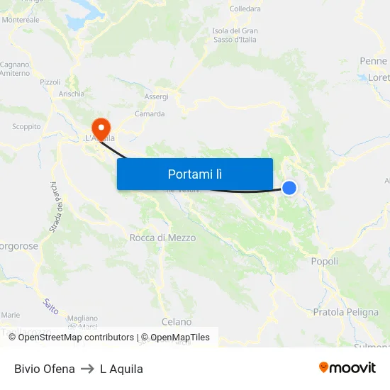 Bivio Ofena to L Aquila map