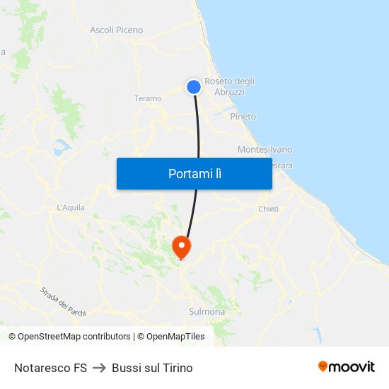 Notaresco FS to Bussi sul Tirino map