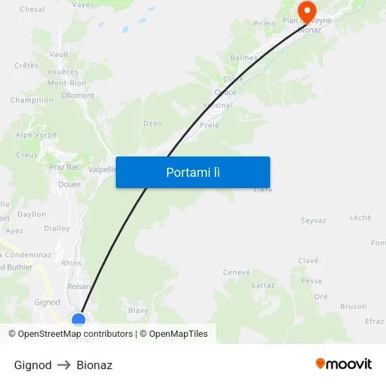 Gignod to Bionaz map