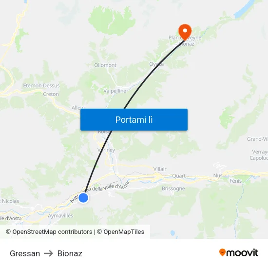 Gressan to Bionaz map